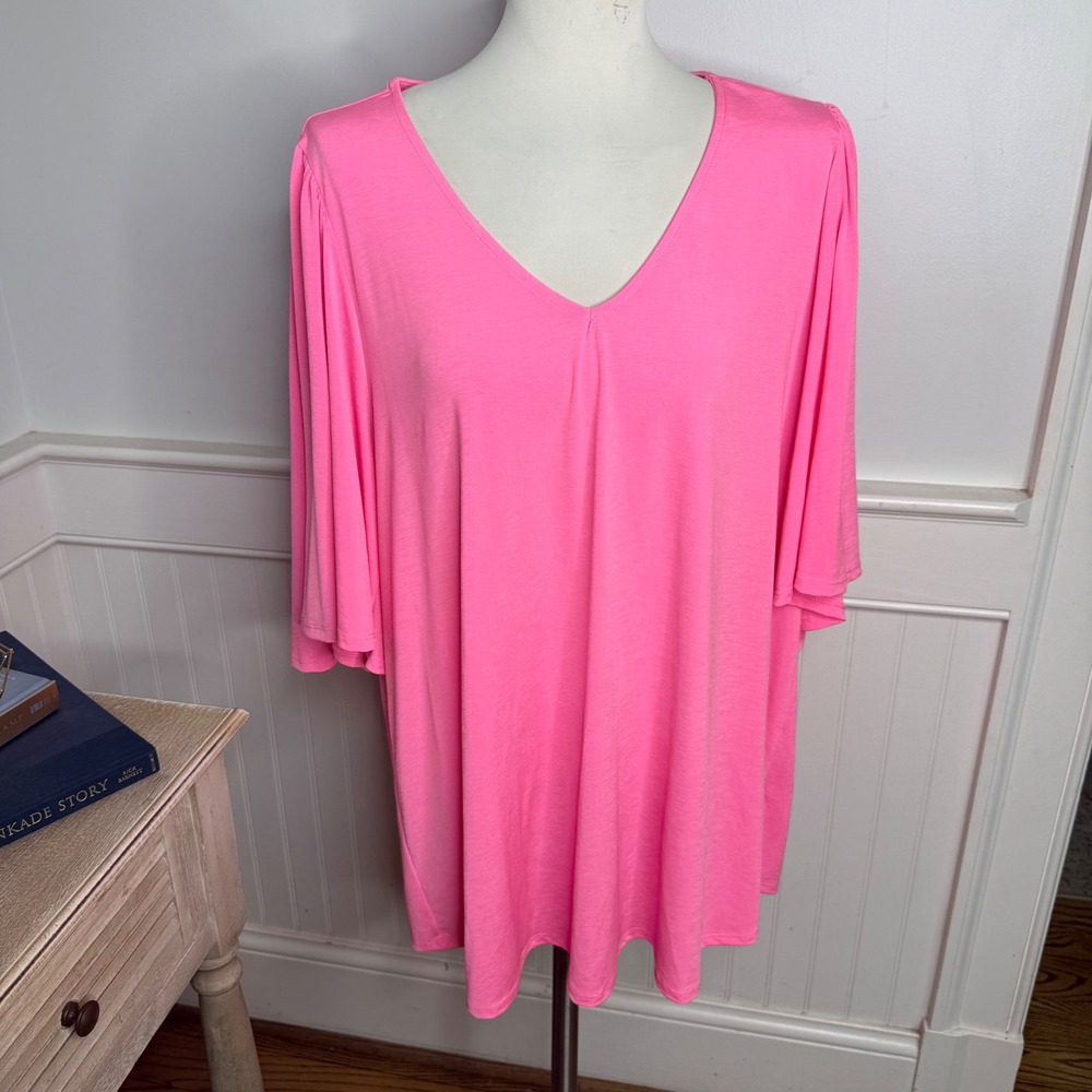 Dear Scarlett Cali Neon Pink V-Neck Flutter Sleeve Top Womens 2X NEW